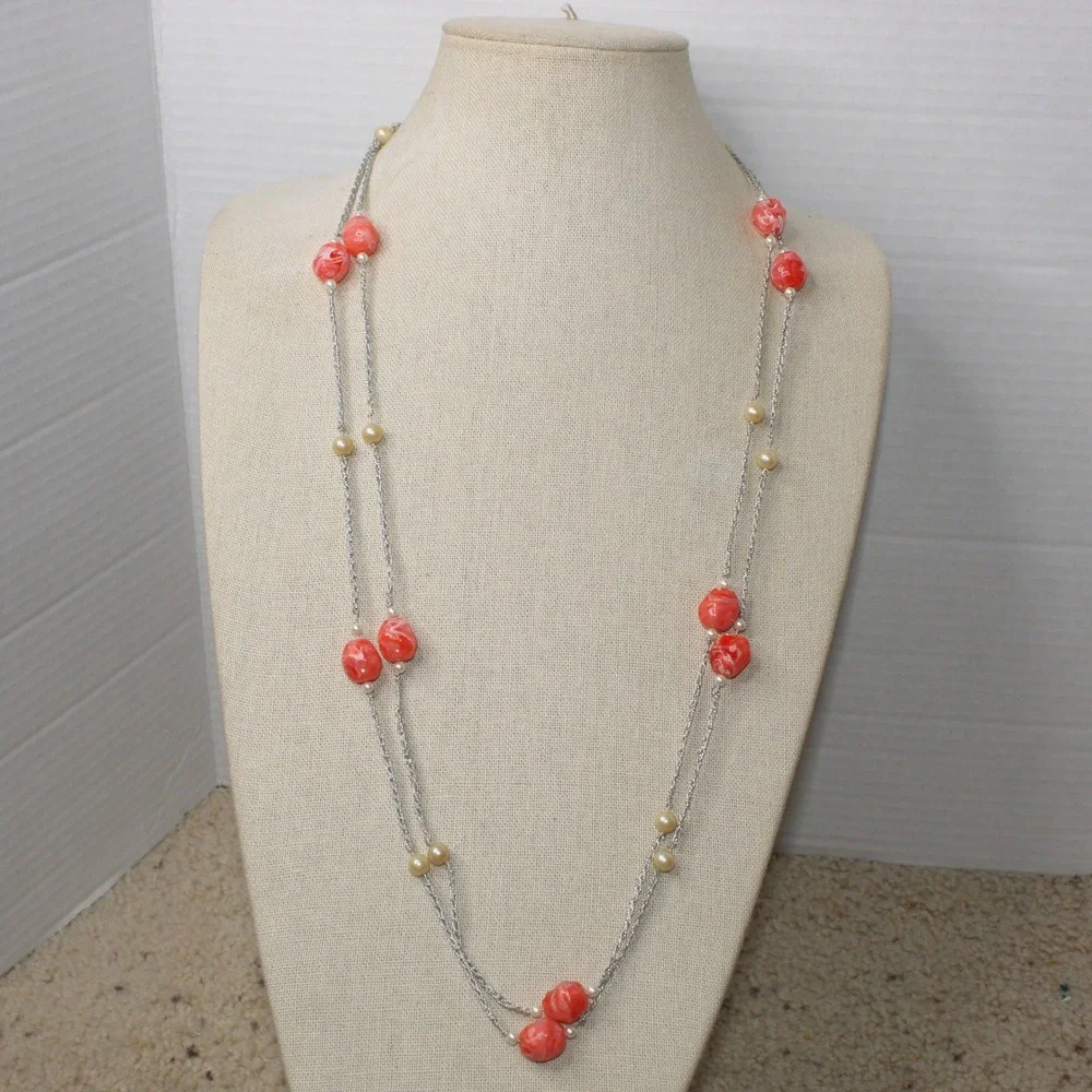Necklace Long Station Coral Marbled Bead Faux Pearl 66